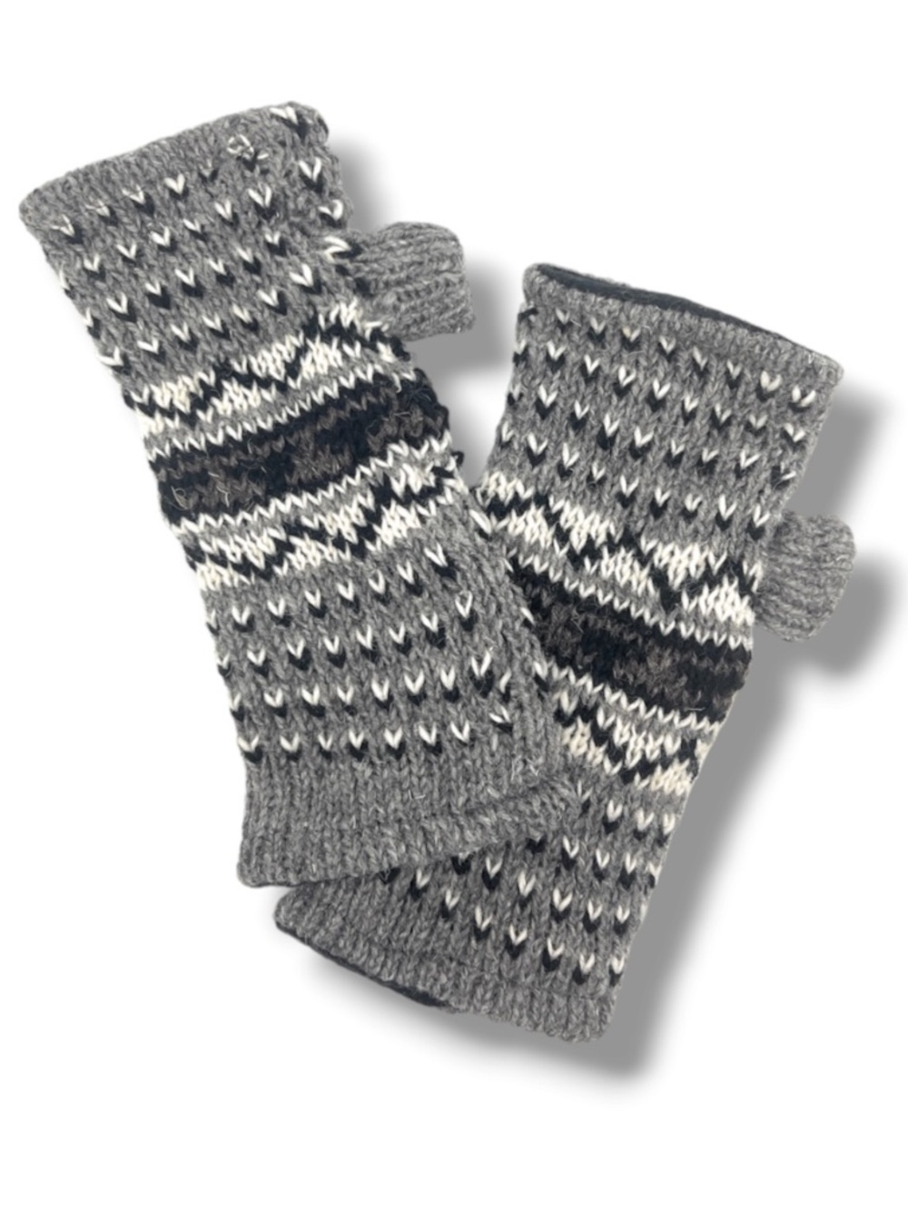 Wool Fingerless Glove Western Tribal American Indian Pattern Gray Lined